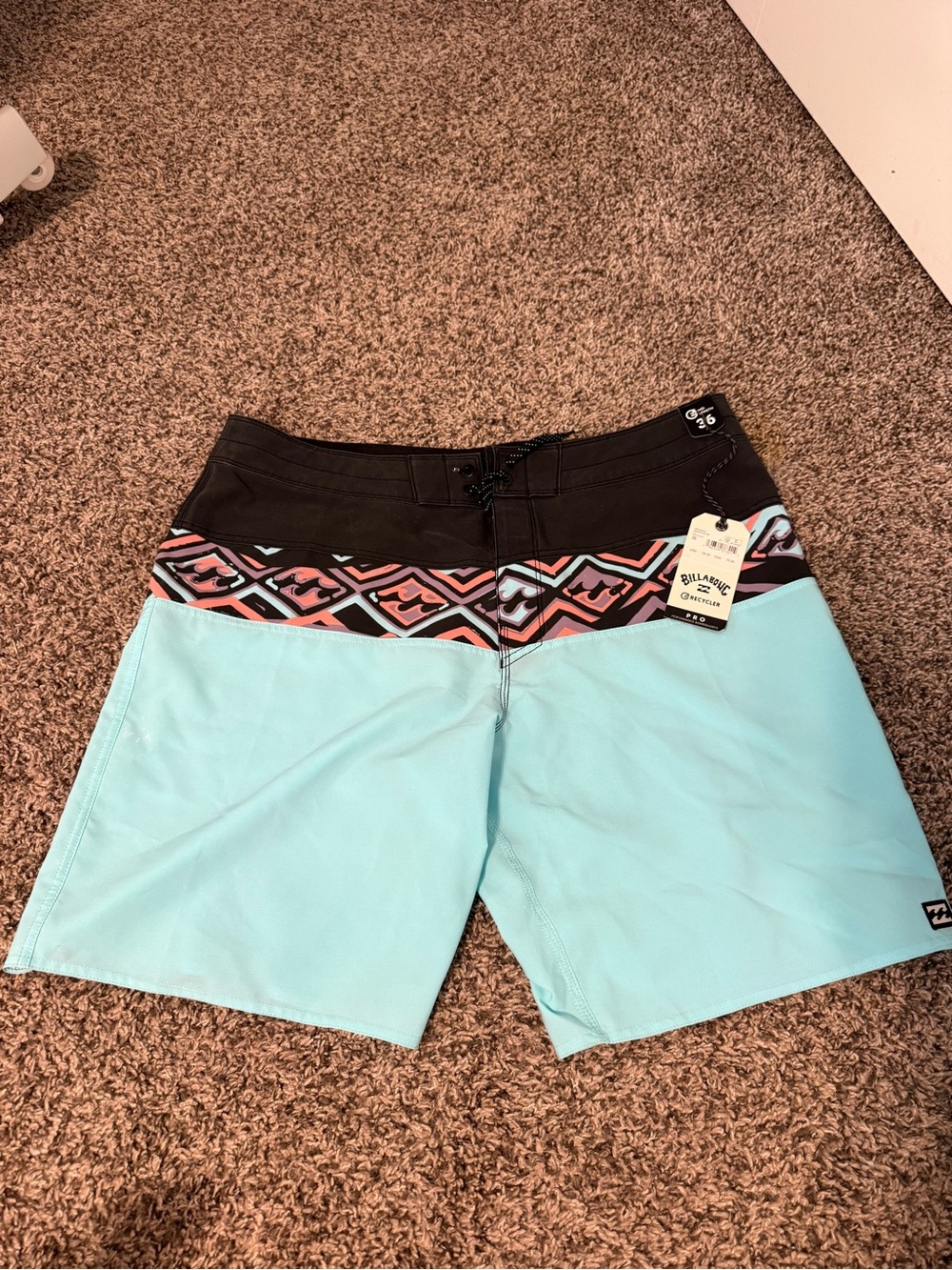 Billabong Men’s Aqua Boardshorts with Black and Coral Tribal Waistband
